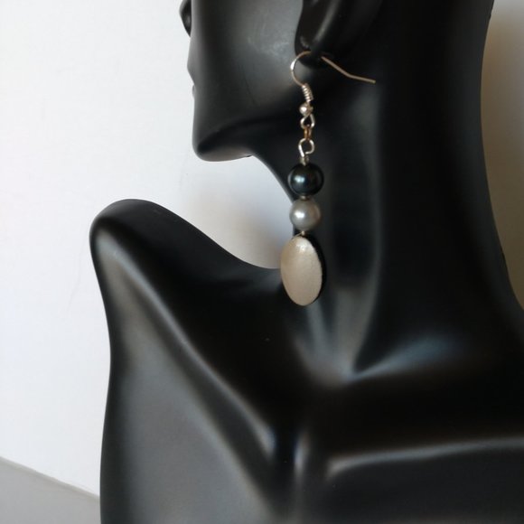 Handmade Black Beige Oblong Earrings with Grey Faux Pearls & Silver Tone Hooks - Picture 15 of 16